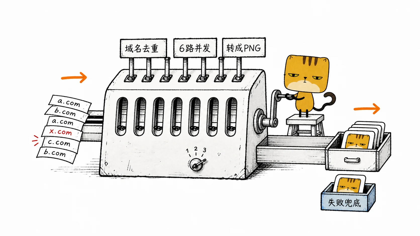 方饼猫摇动 favicon 同步机器，把去重后的域名经过六路并发、PNG 转换和失败兜底后存入本地抽屉